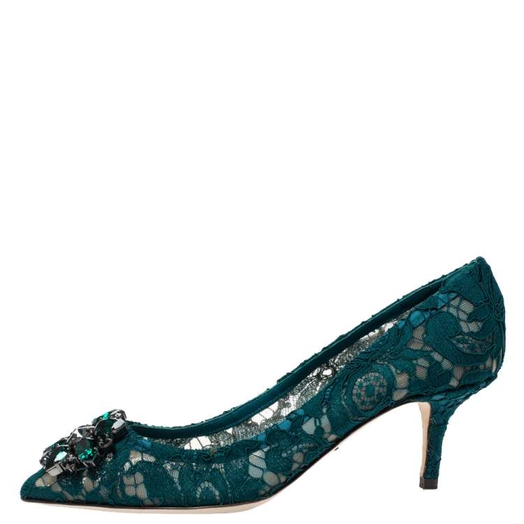 Pre Owned Dolce & Gabbana Green Lace Jewel Embellished Pointed Toe Pumps Size 38