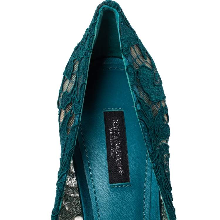 Pre Owned Dolce & Gabbana Green Lace Jewel Embellished Pointed Toe Pumps Size 38