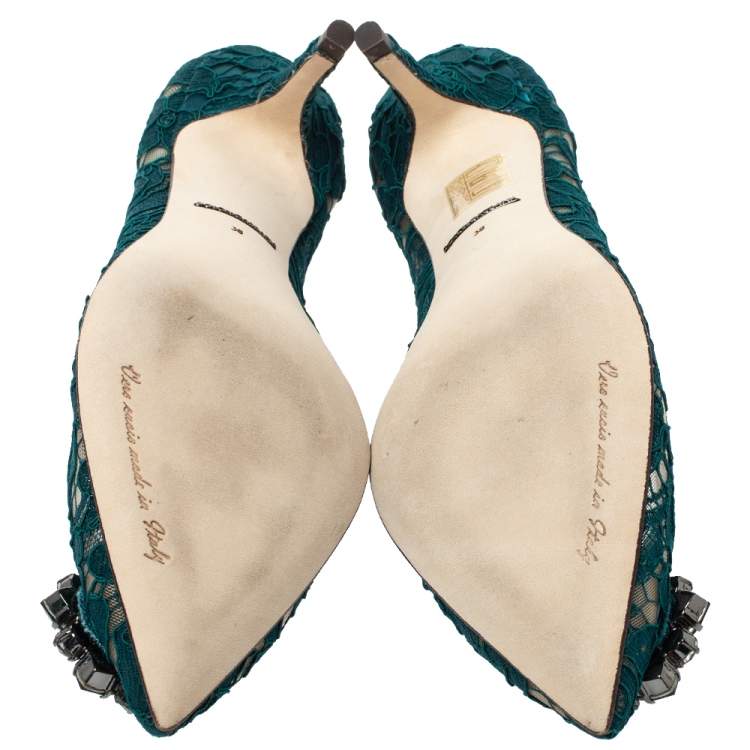 Pre Owned Dolce & Gabbana Green Lace Jewel Embellished Pointed Toe Pumps Size 38