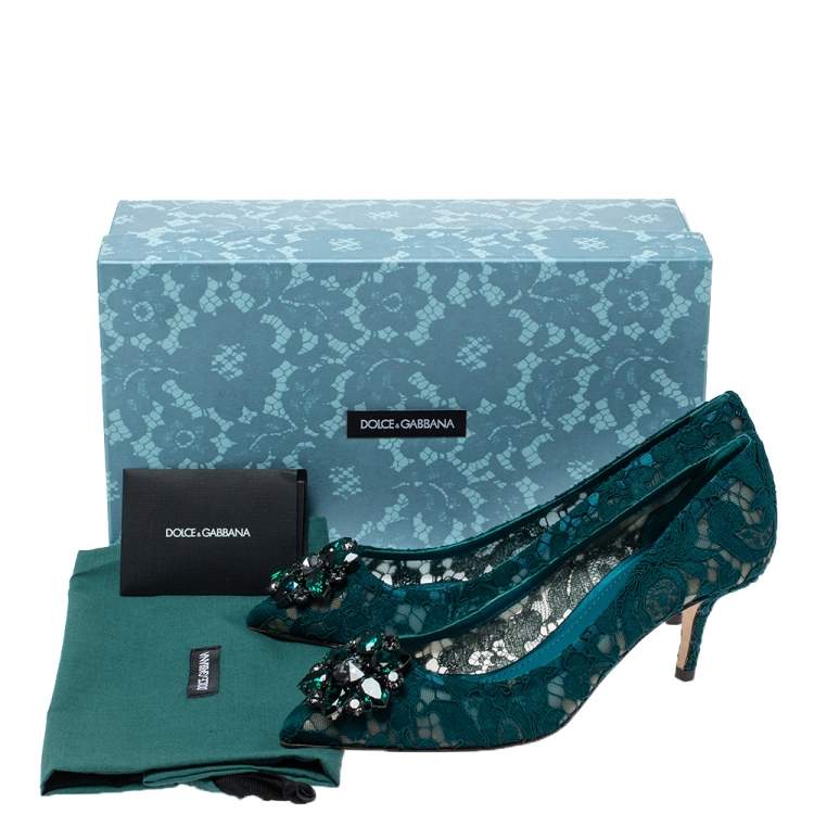 Pre Owned Dolce & Gabbana Green Lace Jewel Embellished Pointed Toe Pumps Size 38