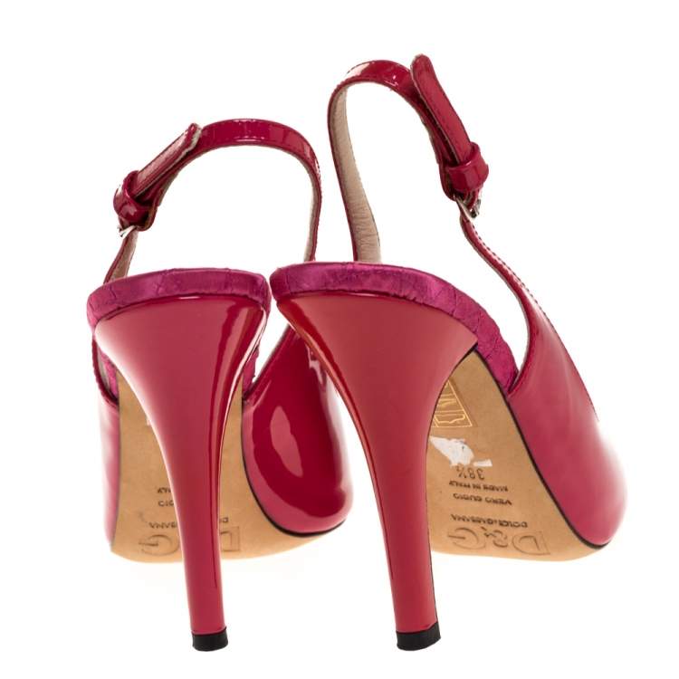 Pre Owned Dolce & Gabbana Magenta Patent Leather Peep Toe Slingback Sandals Size 38.5