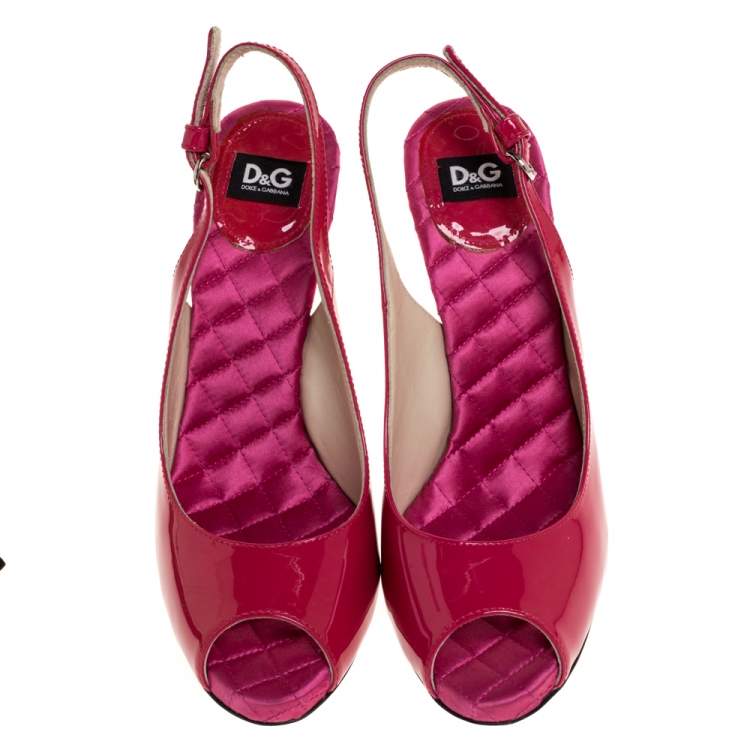Pre Owned Dolce & Gabbana Magenta Patent Leather Peep Toe Slingback Sandals Size 38.5