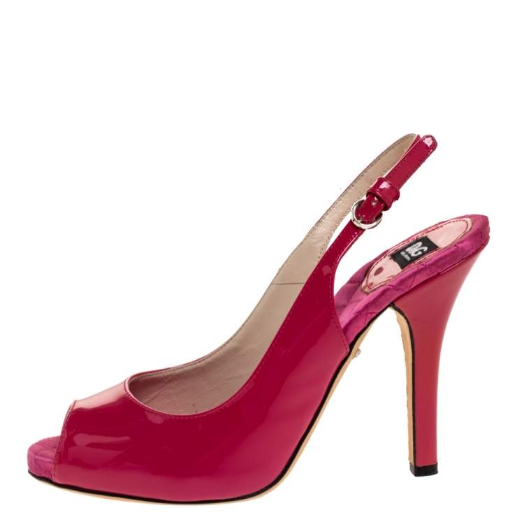 Pre Owned Dolce & Gabbana Magenta Patent Leather Peep Toe Slingback Sandals Size 38.5