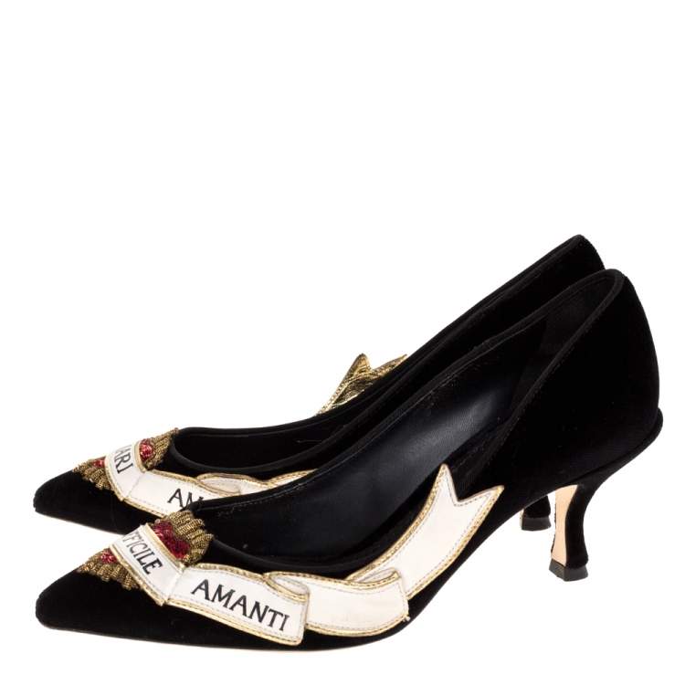 Pre Owned Dolce & Gabbana Black Velvet And White Leather Amari Ama Pointed Toe Pumps Size 37