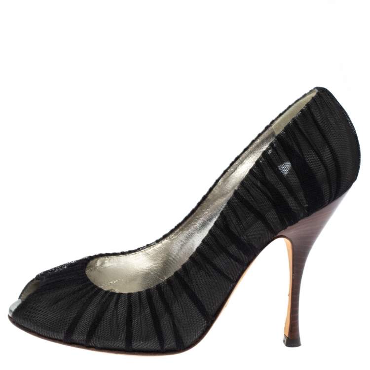 Pre Owned Dolce & Gabbana Black Mesh Fabric And PVC Peep Toe Pumps Size 37.5