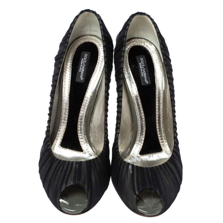 Pre Owned Dolce & Gabbana Black Mesh Fabric And PVC Peep Toe Pumps Size 37.5