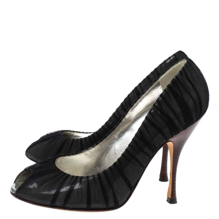 Pre Owned Dolce & Gabbana Black Mesh Fabric And PVC Peep Toe Pumps Size 37.5