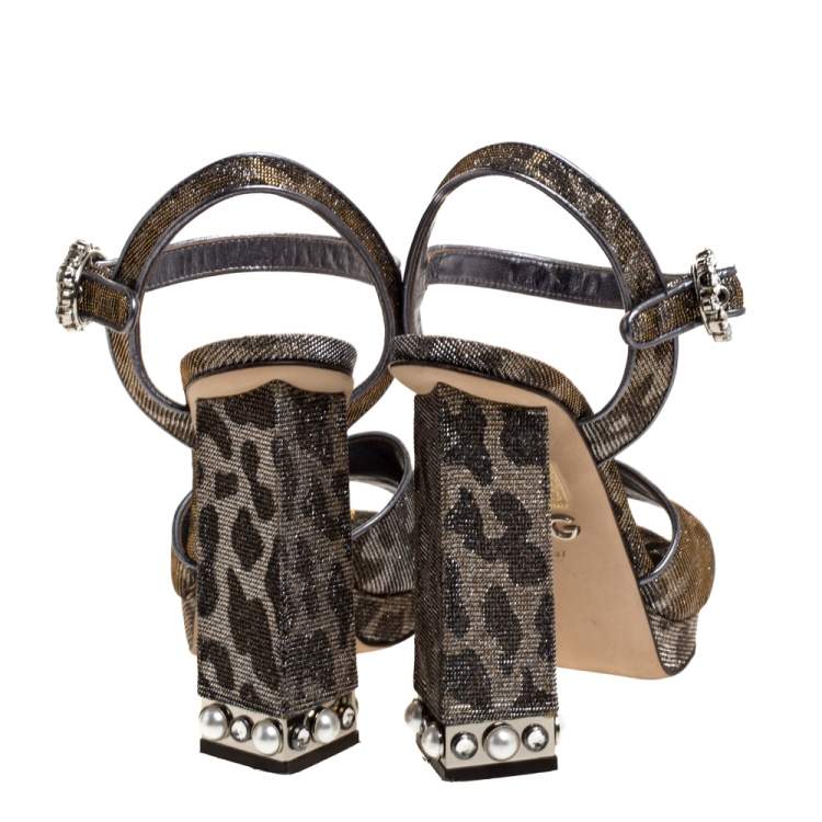 مملوكة مسبقًا Dolce & Gabbana Silver/Gold Leopard Print Glitter Fabric Ankle Strap Block Heel Sandals Size 37