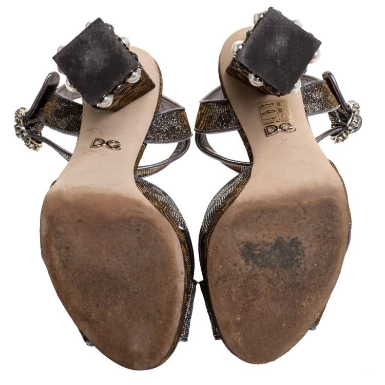 مملوكة مسبقًا Dolce & Gabbana Silver/Gold Leopard Print Glitter Fabric Ankle Strap Block Heel Sandals Size 37