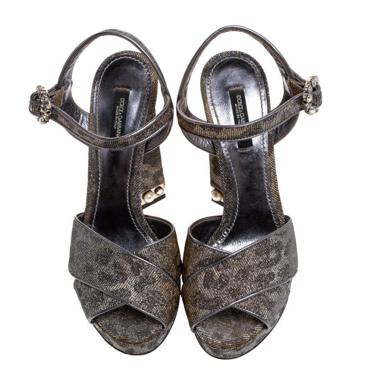 مملوكة مسبقًا Dolce & Gabbana Silver/Gold Leopard Print Glitter Fabric Ankle Strap Block Heel Sandals Size 37