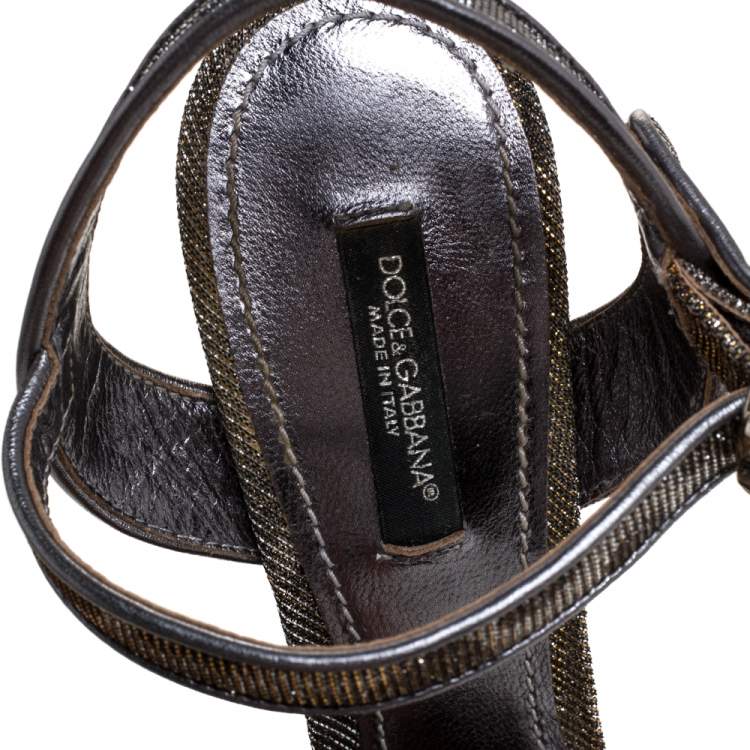 مملوكة مسبقًا Dolce & Gabbana Silver/Gold Leopard Print Glitter Fabric Ankle Strap Block Heel Sandals Size 37