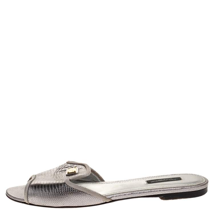 Pre Owned Dolce & Gabbana Metallic Grey Lizard Embossed Leather Sofia Slides Size 39