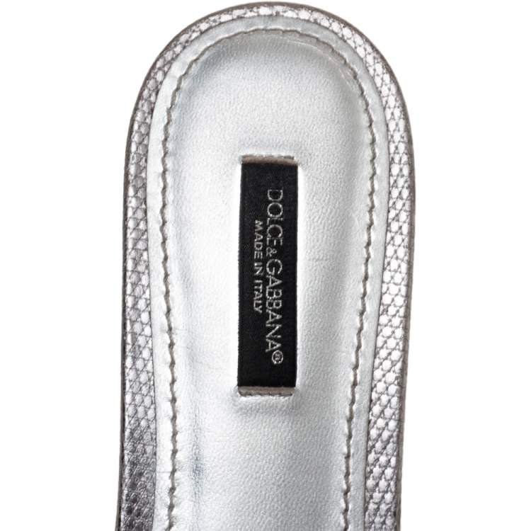 Pre Owned Dolce & Gabbana Metallic Grey Lizard Embossed Leather Sofia Slides Size 39