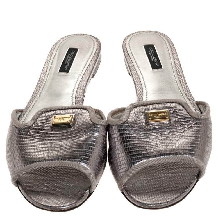 Pre Owned Dolce & Gabbana Metallic Grey Lizard Embossed Leather Sofia Slides Size 39