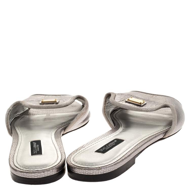 Pre Owned Dolce & Gabbana Metallic Grey Lizard Embossed Leather Sofia Slides Size 39
