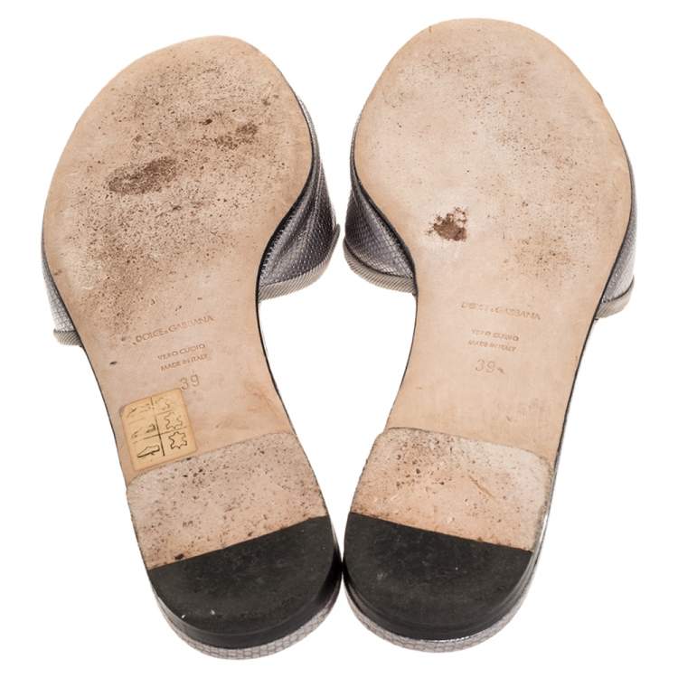 Pre Owned Dolce & Gabbana Metallic Grey Lizard Embossed Leather Sofia Slides Size 39