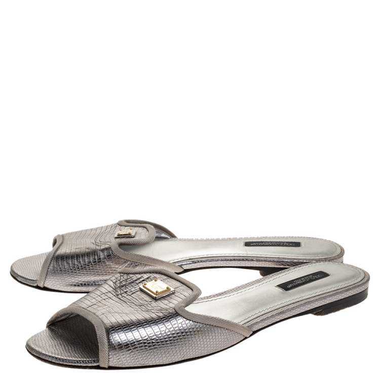 Pre Owned Dolce & Gabbana Metallic Grey Lizard Embossed Leather Sofia Slides Size 39