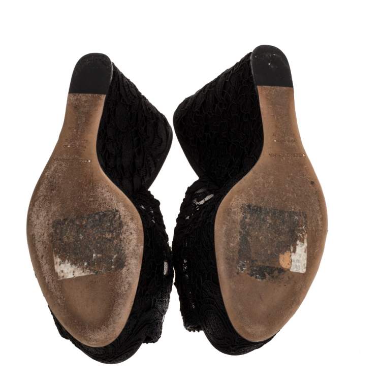 Pre Owned Dolce & Gabbana Black Lace Platform Wedge Sandals Sizes 38
