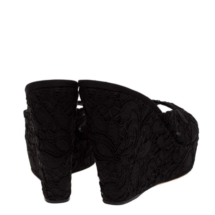 Pre Owned Dolce & Gabbana Black Lace Platform Wedge Sandals Sizes 38