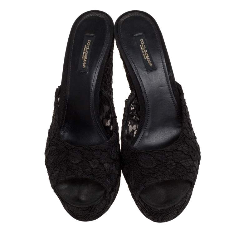 Pre Owned Dolce & Gabbana Black Lace Platform Wedge Sandals Sizes 38