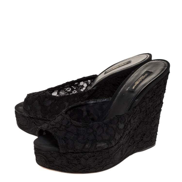 Pre Owned Dolce & Gabbana Black Lace Platform Wedge Sandals Sizes 38