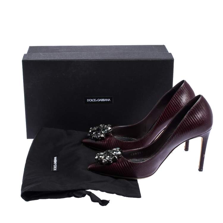 Pre Owned Dolce & Gabbana Burgundy Lizard Embossed Leather Crystal Embellished Pumps Size 37