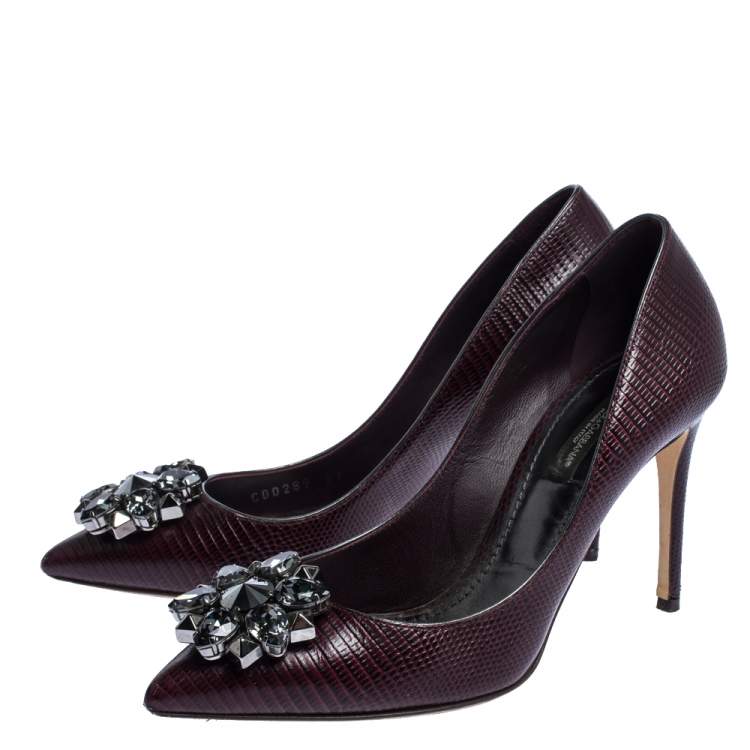 Pre Owned Dolce & Gabbana Burgundy Lizard Embossed Leather Crystal Embellished Pumps Size 37