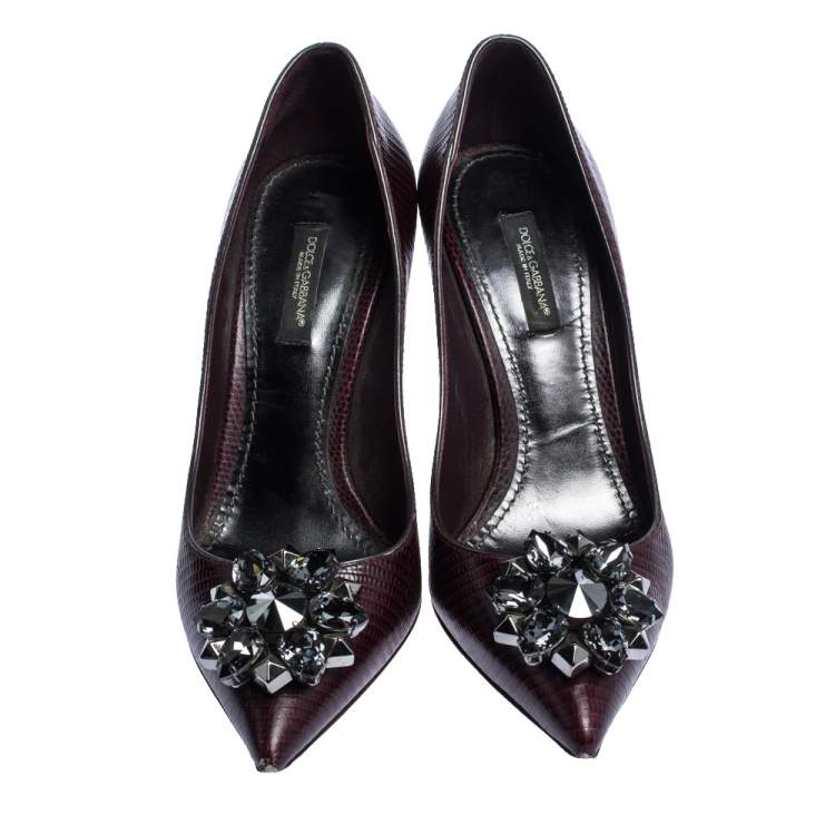 Pre Owned Dolce & Gabbana Burgundy Lizard Embossed Leather Crystal Embellished Pumps Size 37