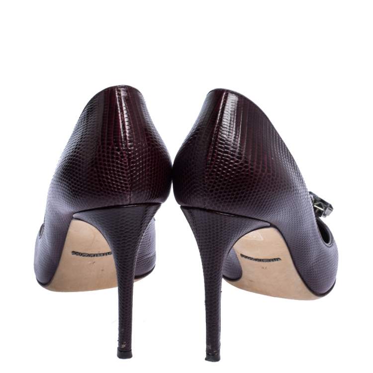Pre Owned Dolce & Gabbana Burgundy Lizard Embossed Leather Crystal Embellished Pumps Size 37