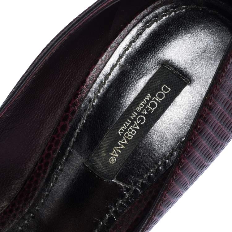 Pre Owned Dolce & Gabbana Burgundy Lizard Embossed Leather Crystal Embellished Pumps Size 37