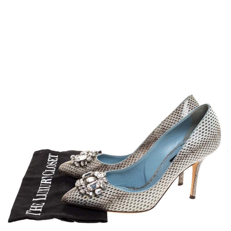 Pre Owned Dolce & Gabbana Grey Python Leather Crystal Embellished Pointed Toe Pumps Size 38