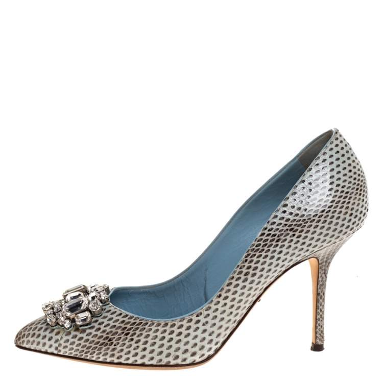 Pre Owned Dolce & Gabbana Grey Python Leather Crystal Embellished Pointed Toe Pumps Size 38
