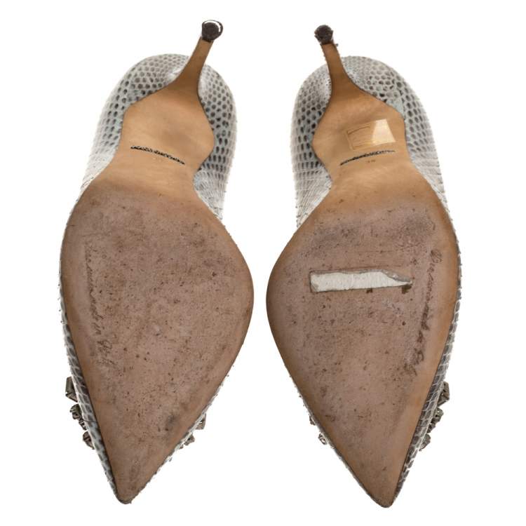 Pre Owned Dolce & Gabbana Grey Python Leather Crystal Embellished Pointed Toe Pumps Size 38