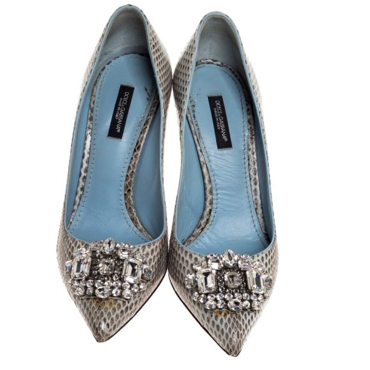 Pre Owned Dolce & Gabbana Grey Python Leather Crystal Embellished Pointed Toe Pumps Size 38
