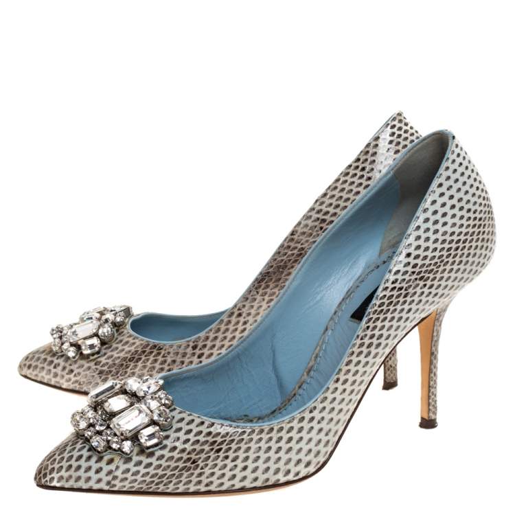 Pre Owned Dolce & Gabbana Grey Python Leather Crystal Embellished Pointed Toe Pumps Size 38