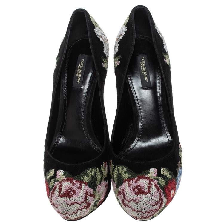 Pre Owned Dolce & Gabbana Black Suede Floral Embroidered Pumps Size 38