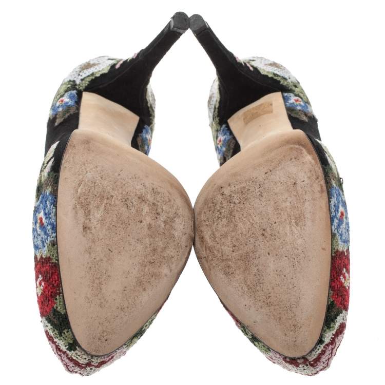 Pre Owned Dolce & Gabbana Black Suede Floral Embroidered Pumps Size 38