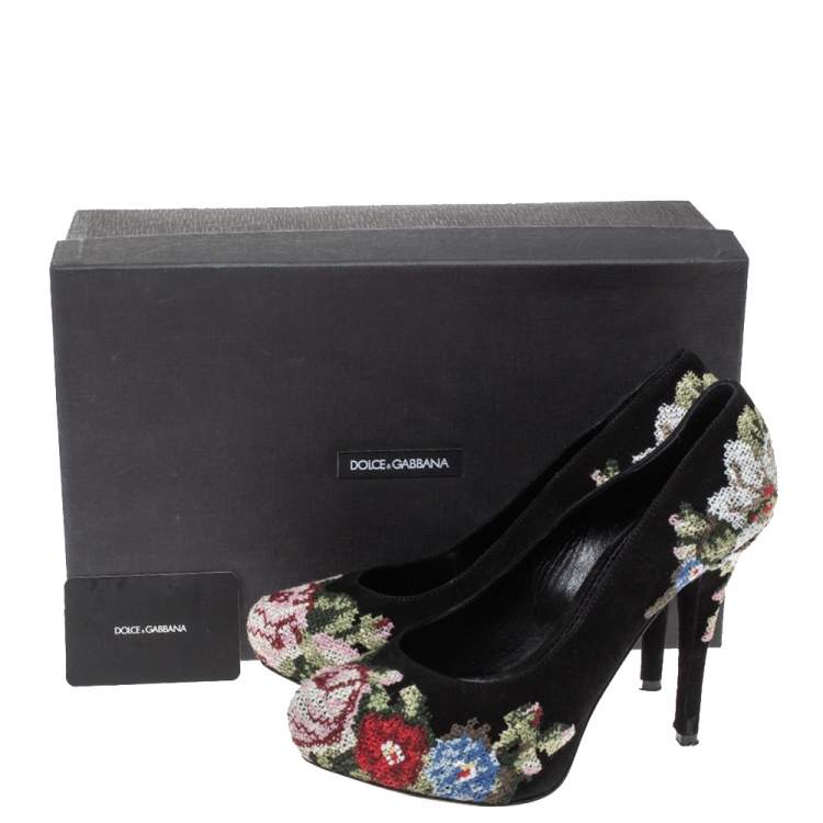 Pre Owned Dolce & Gabbana Black Suede Floral Embroidered Pumps Size 38