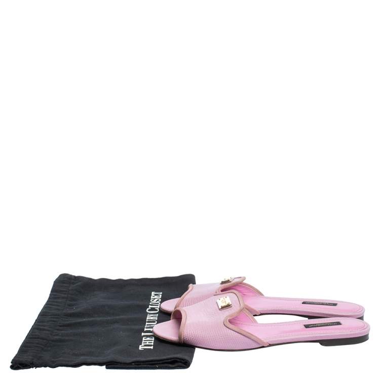 Pre Owned Dolce & Gabbana Pink Lizard Embossed Leather Sofia Slides Size 38.5