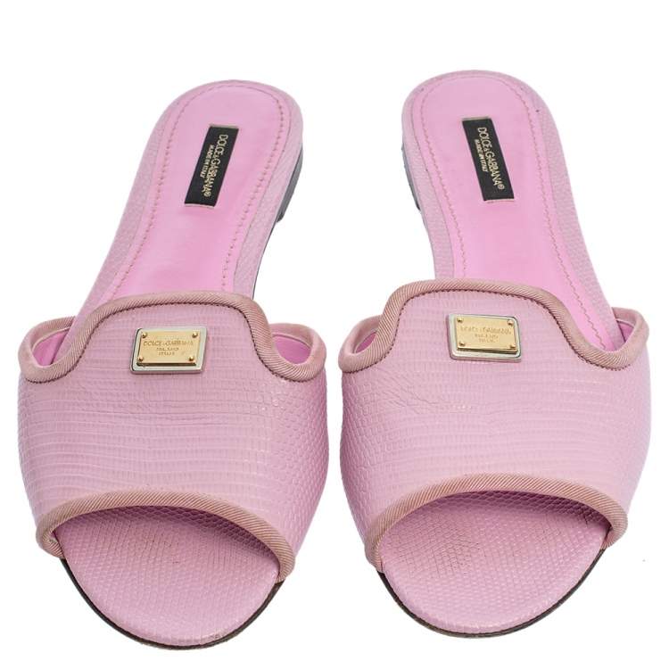 Pre Owned Dolce & Gabbana Pink Lizard Embossed Leather Sofia Slides Size 38.5
