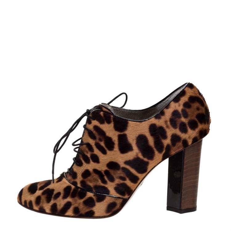 Pre Owned Dolce & Gabbana Brown/Beige Pony Hair Lace Up Block Heel Booties Size 40