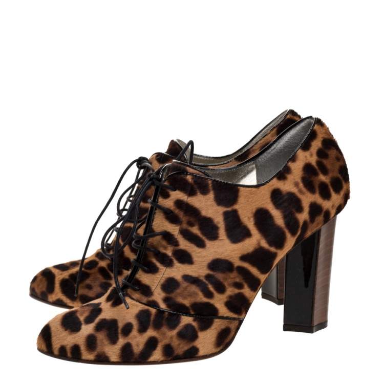 Pre Owned Dolce & Gabbana Brown/Beige Pony Hair Lace Up Block Heel Booties Size 40