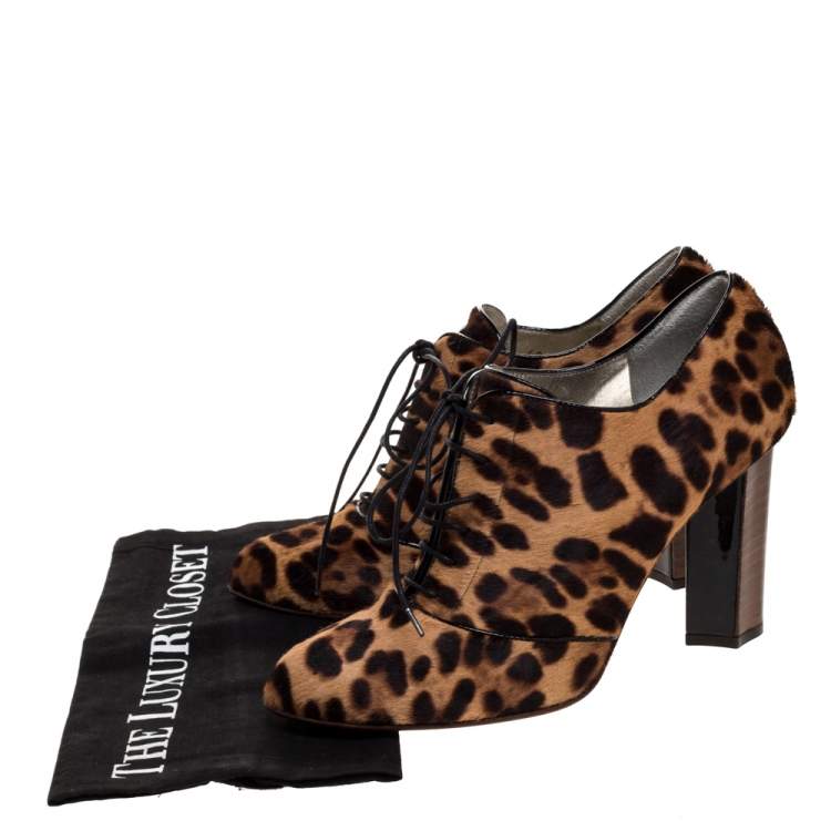 Pre Owned Dolce & Gabbana Brown/Beige Pony Hair Lace Up Block Heel Booties Size 40