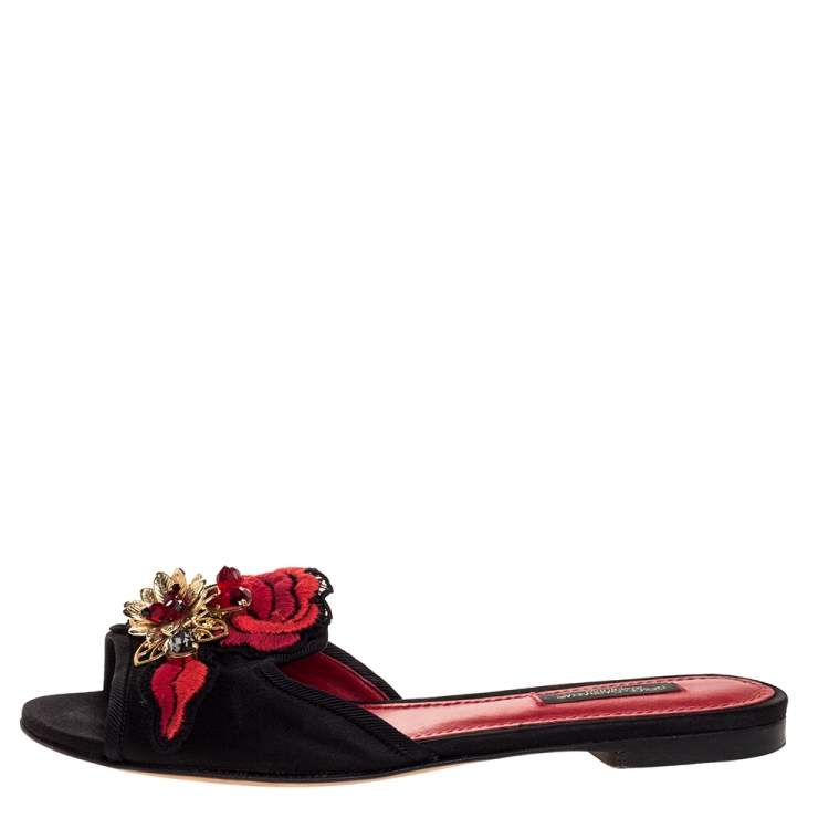Pre Owned Dolce & Gabbana Black Embellished Satin Flat Slides Size 35