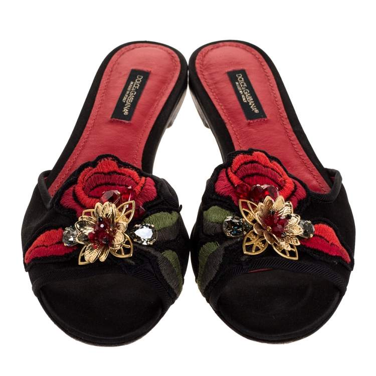 Pre Owned Dolce & Gabbana Black Embellished Satin Flat Slides Size 35