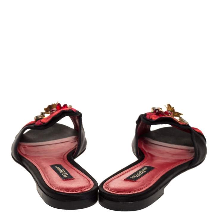 Pre Owned Dolce & Gabbana Black Embellished Satin Flat Slides Size 35