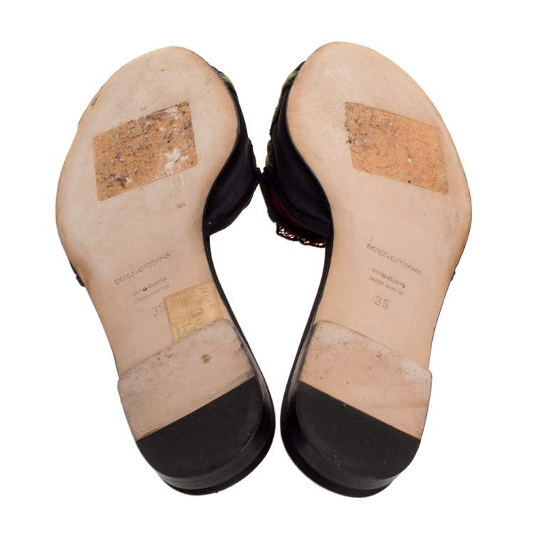 Pre Owned Dolce & Gabbana Black Embellished Satin Flat Slides Size 35