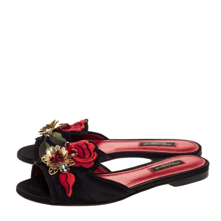 Pre Owned Dolce & Gabbana Black Embellished Satin Flat Slides Size 35