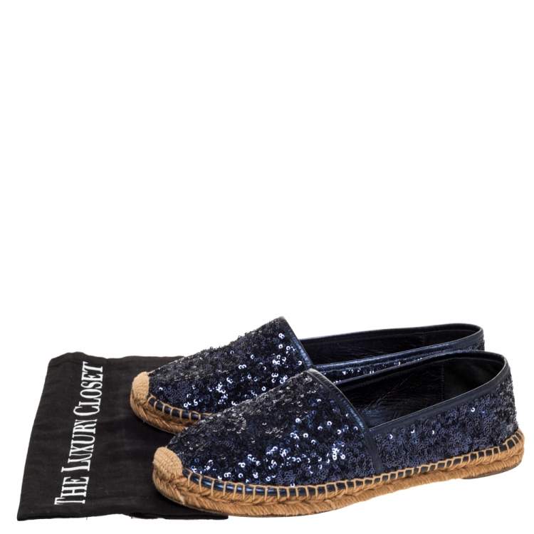 Pre Owned Dolce & Gabbana Metallic Blue Sequins and Leather Trim Espadrille Flats Size 41
