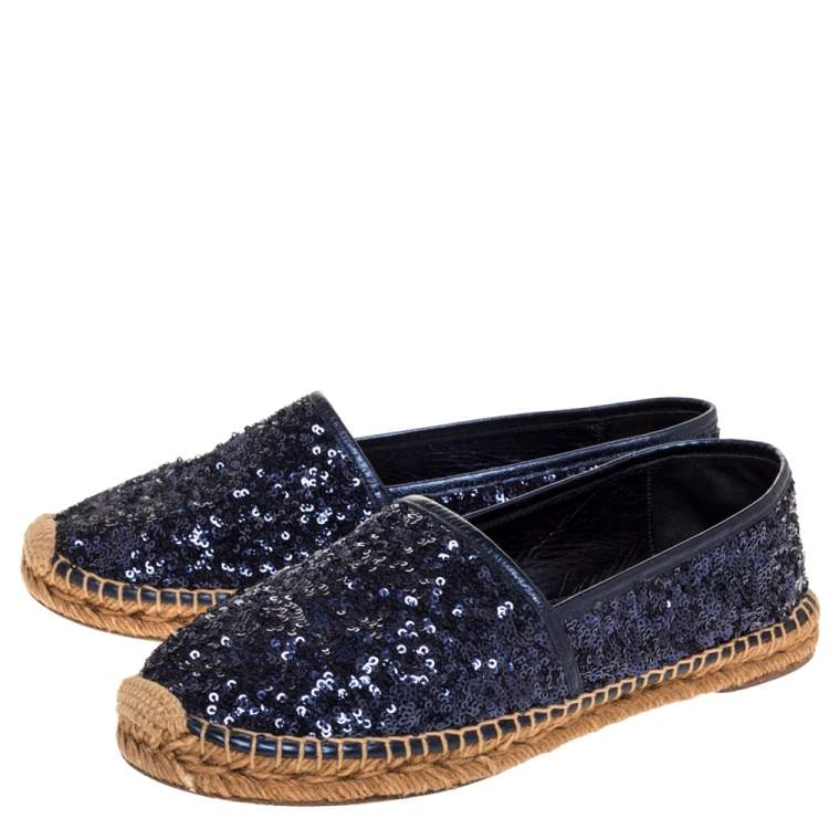 Pre Owned Dolce & Gabbana Metallic Blue Sequins and Leather Trim Espadrille Flats Size 41
